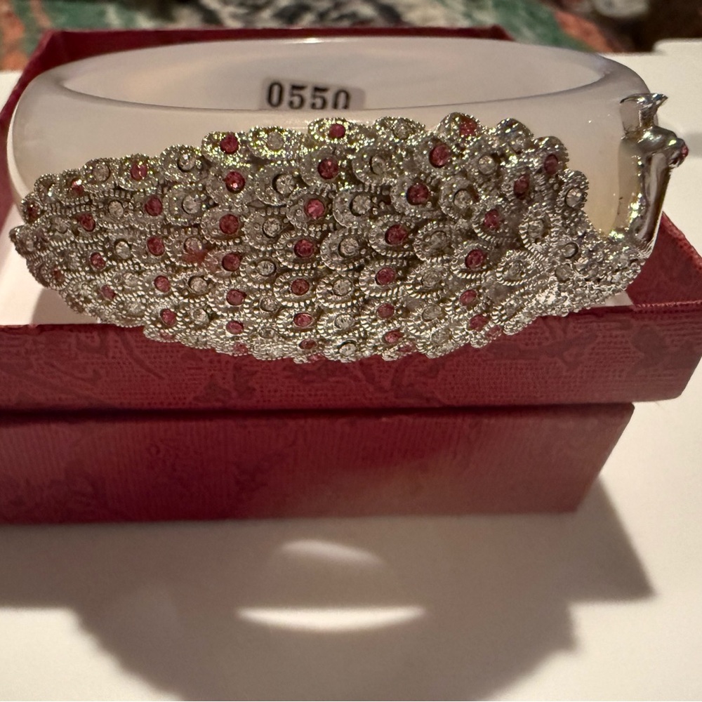 Crystal & Pink Rhinestone White Bangle Bracelet